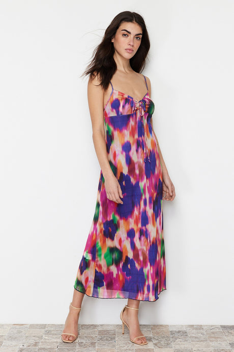 Blue Floral Printed Maxi Size Heart Neckline Twoss24el00272