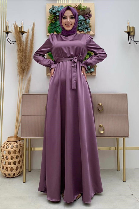 Women Purple Belted Cuffs Elastic Satin Evening Dress T 1973 23yabltr1973