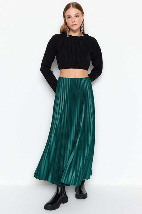 Black Pleated Maxi Knitted Skirt Twoss24et00041