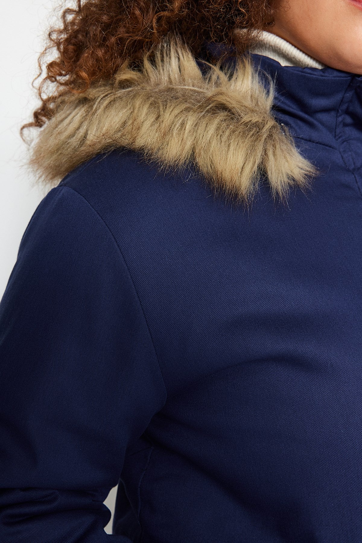 Navy Blue Fur Hooded Coat Tbbaw24aw00022