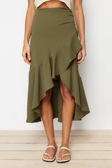 Khaki Ruffle Double-breasted Closure Midi Length Woven Skirt Twoss24et00001