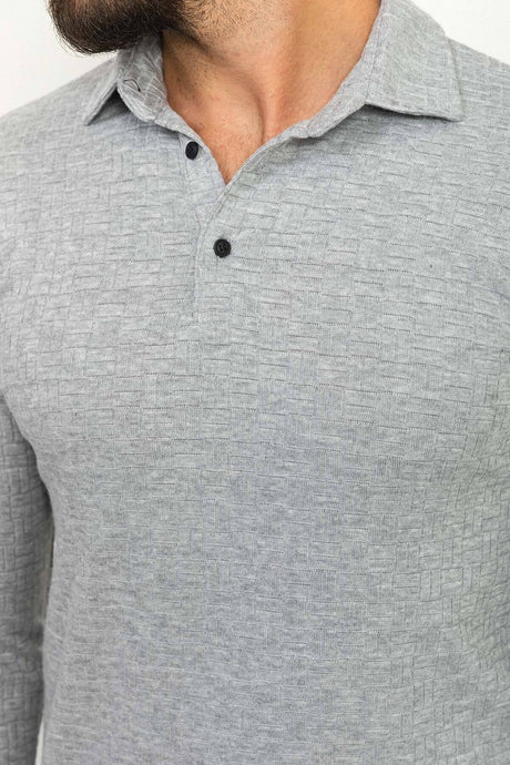 Patterned Gray Color Slim Fit Polo Neck Long Sleeve Men's T-shirt 36758.22k