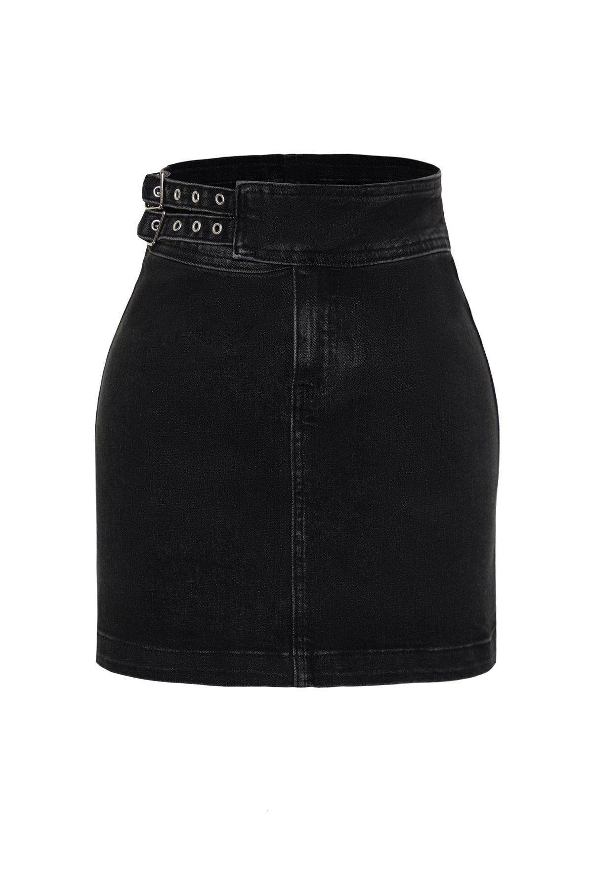 Black Accessory Detailed Mini Regular Waist Denim Skirt Twoss24et00013