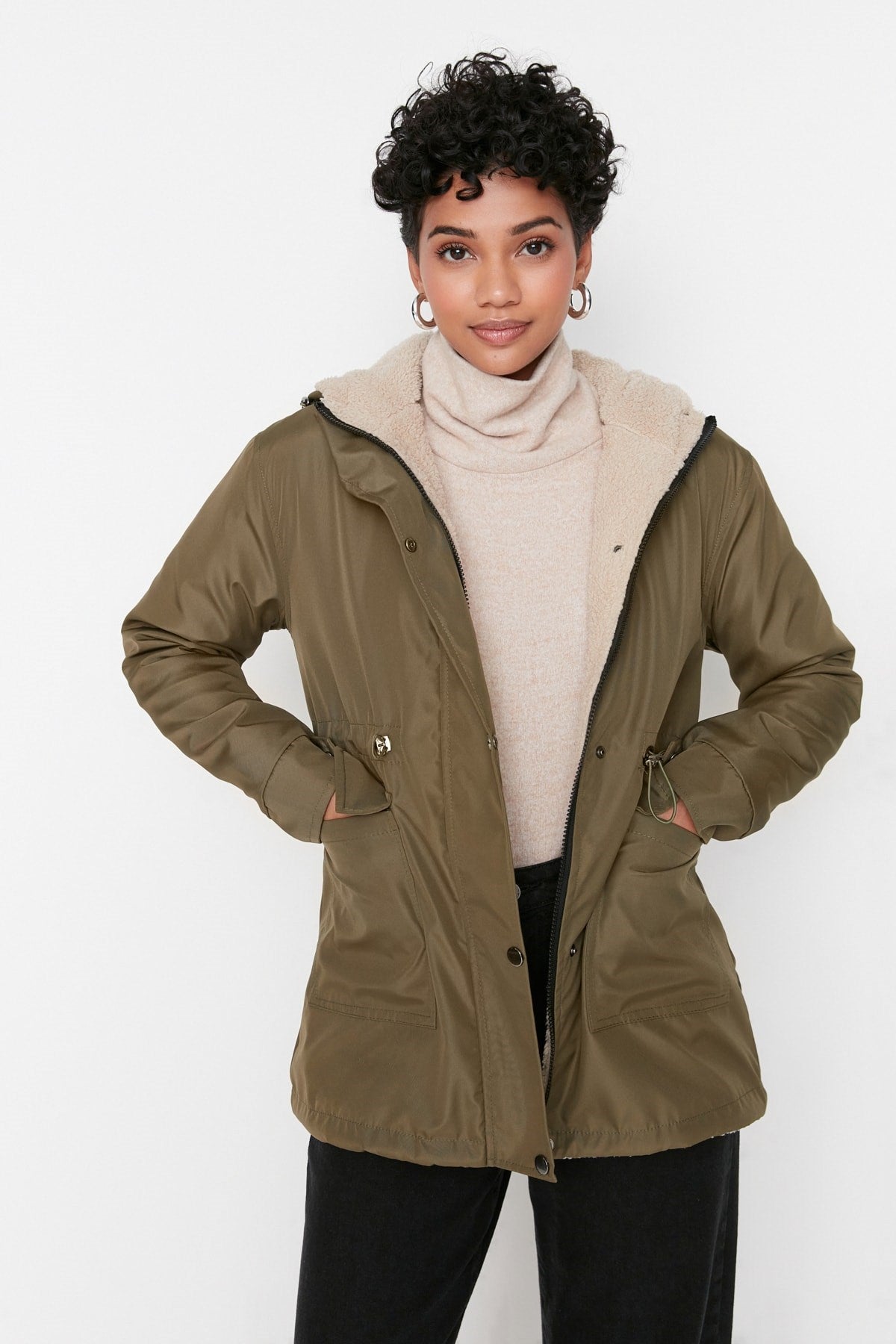 Khaki Hooded Fur Parka Twoaw21kb0065