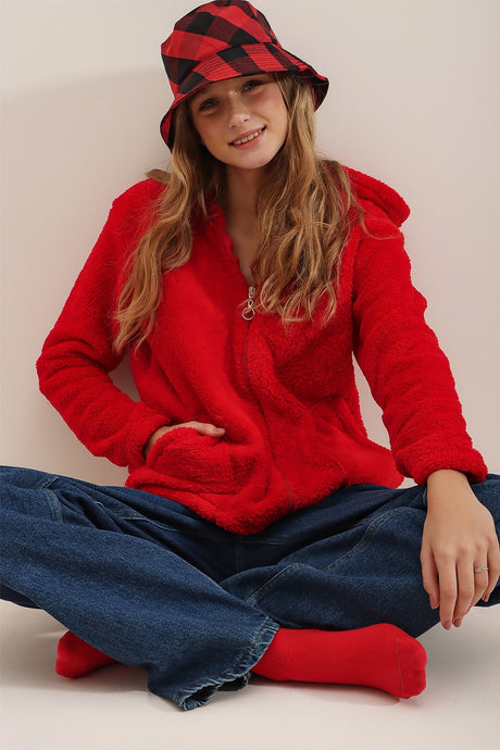 Women's Red Hooded Front Zipper Double Pockets Oversize Plush Sweatshirt Alc-x7332