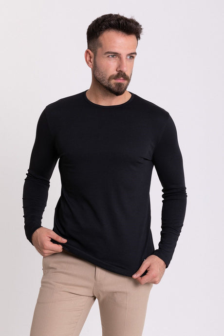 Flat Tile Color Slim Fit Long Sleeve Crew Neck Men's T-shirt 36671.21k