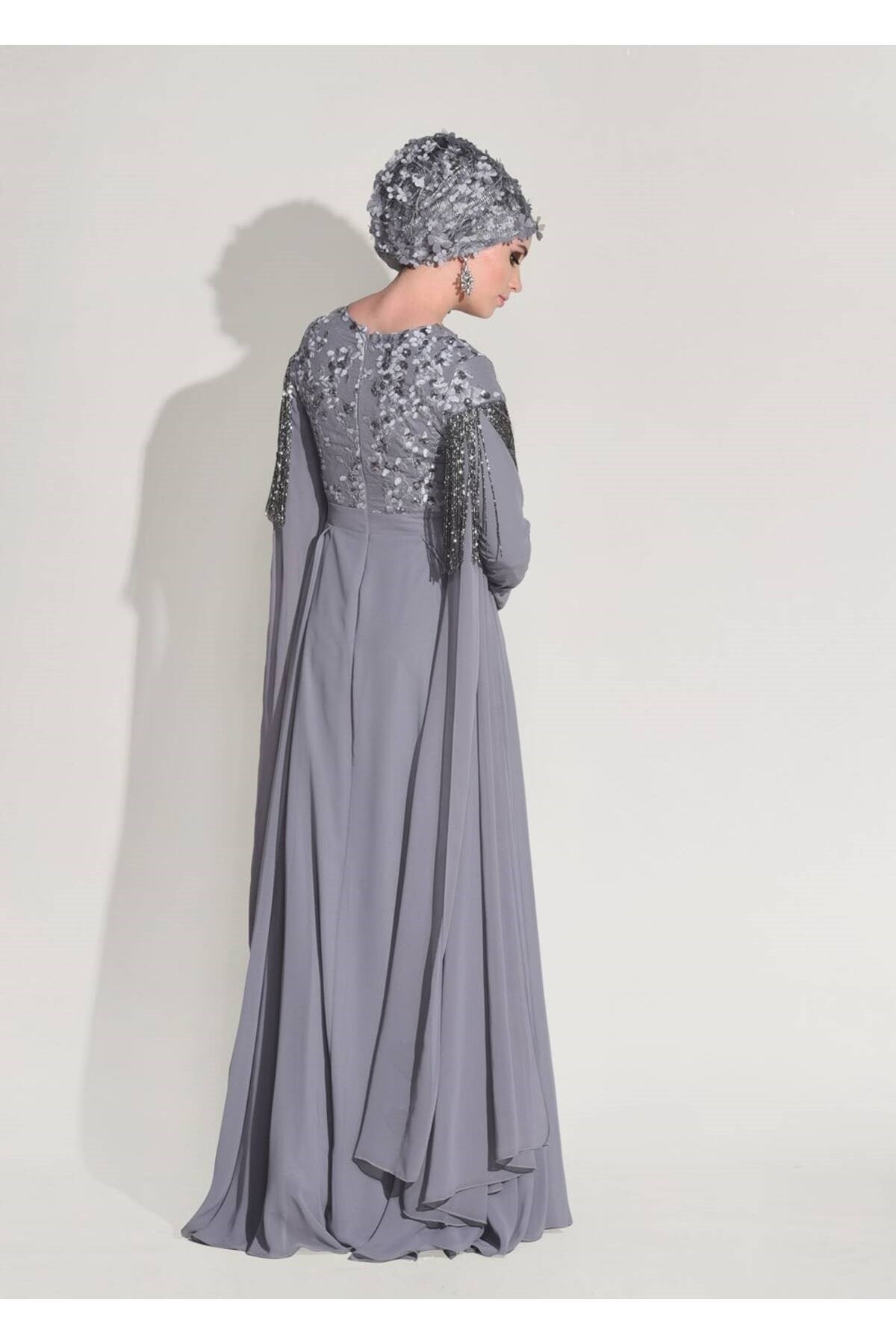 Women Grey Sleeves Sim Fringe Detailed Evening Dress 9608 18yabltr9608