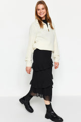 Black Flounce Chiffon Fabric Midi Woven Skirt Twoaw24et00269