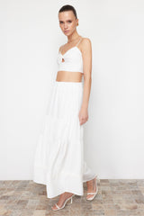 Ecru Hem Lace Detail Linen Look Flared Maxi Woven Skirt Twoss24et00170