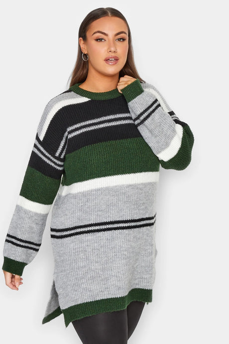 Plus Size Striped Round Neck Slit Detailed Knitwear Sweater 301831