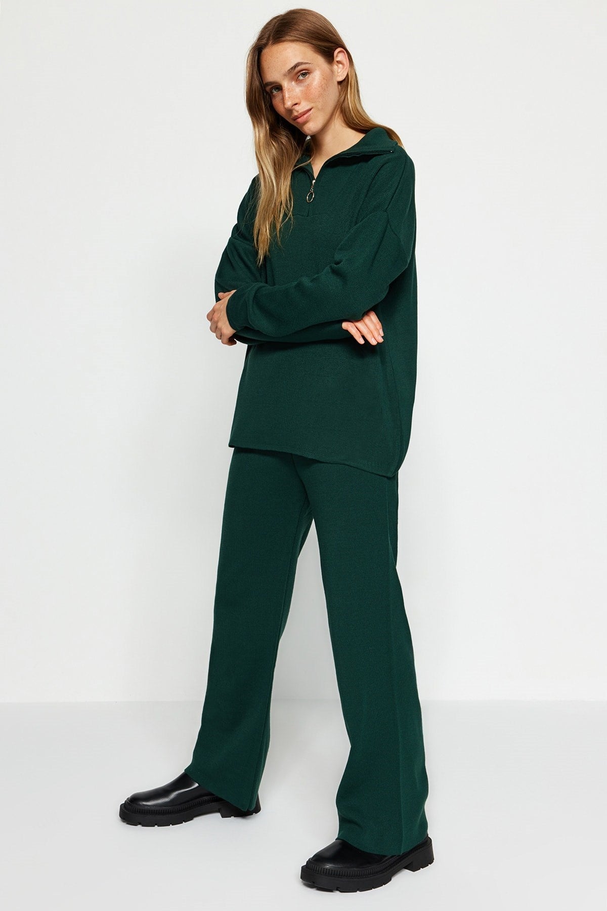 Emerald Green Wide Pattern Knitwear Bottom-top Suit Twoaw24au00026