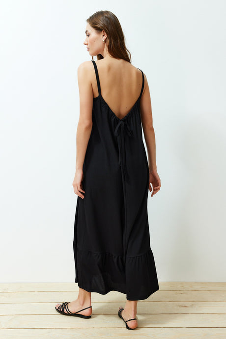 Black Back Detailed Strappy Rucks/textured Maxi Knitted Dress Twoss24el00259