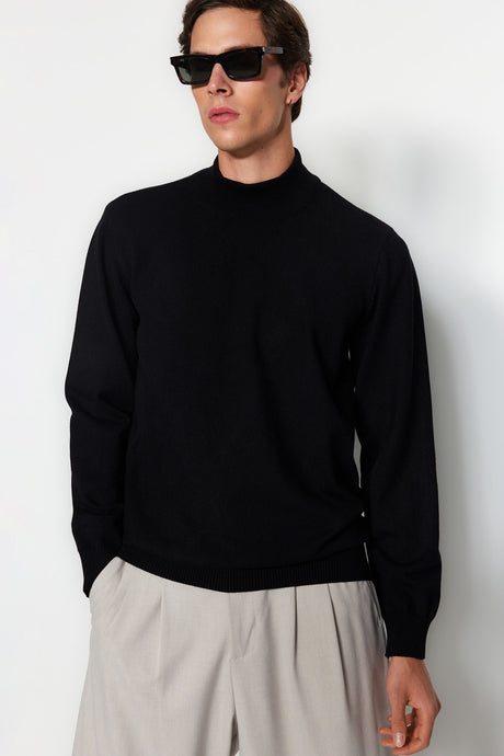 Black Mens Regular Fit Half Turtleneck Viscose Soft Limited Edition Basic Knitwear Sweater Tmnaw24kz