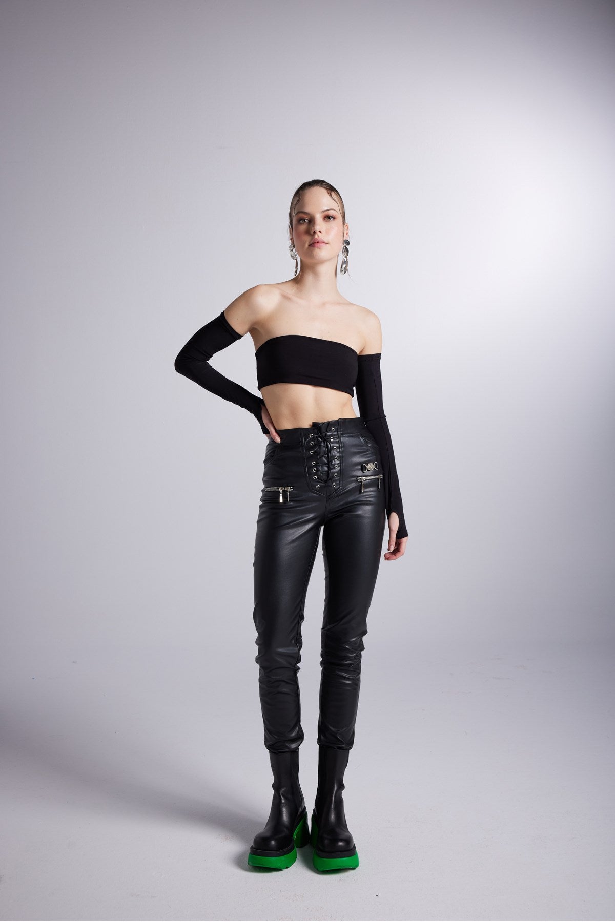 Eyelet Detailed Chunky Vegan Leather Rebel Pants With Zipper Black Hlrebelpants