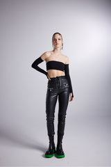 Eyelet Detailed Chunky Vegan Leather Rebel Pants With Zipper Black Hlrebelpants