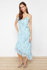 Blue Floral Ruffled A Cut Chiffon Lined Maxi Woven Dress Twoss24el00692