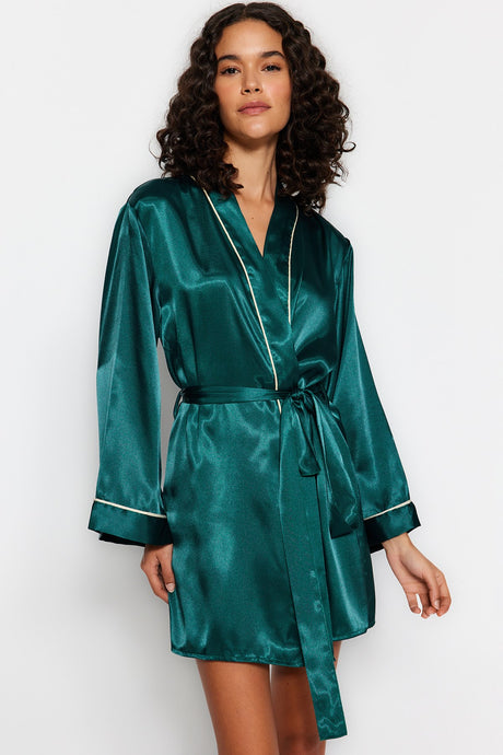 Powder Bib Detailed Wide Sleeve Satin Woven Robe Thmss23sb00017