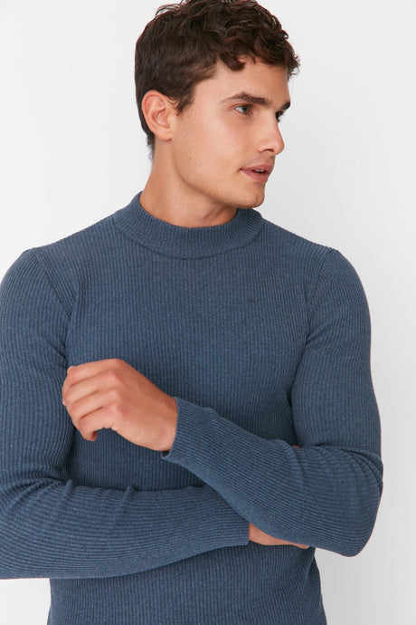 Brown Men's Fitted Slim Fit Half Turtleneck Ribbed Knitwear Sweater Tmnaw21kz0568