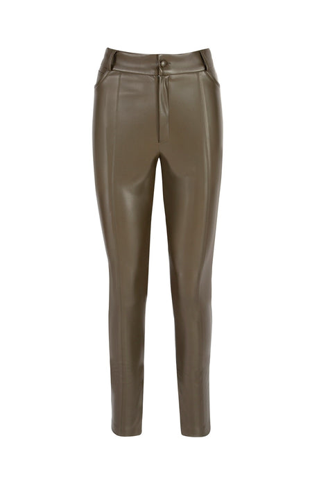 Women's Khaki Front Stitch Detailed, Leg Part Zipper Pocketless Women's Leather Pants Lg-oz150dr