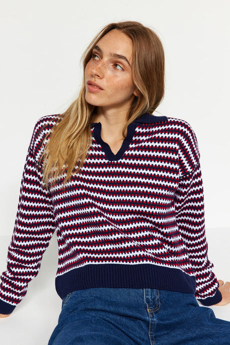 Red Striped Polo Collar Knitwear Sweater Twoaw24kz00431