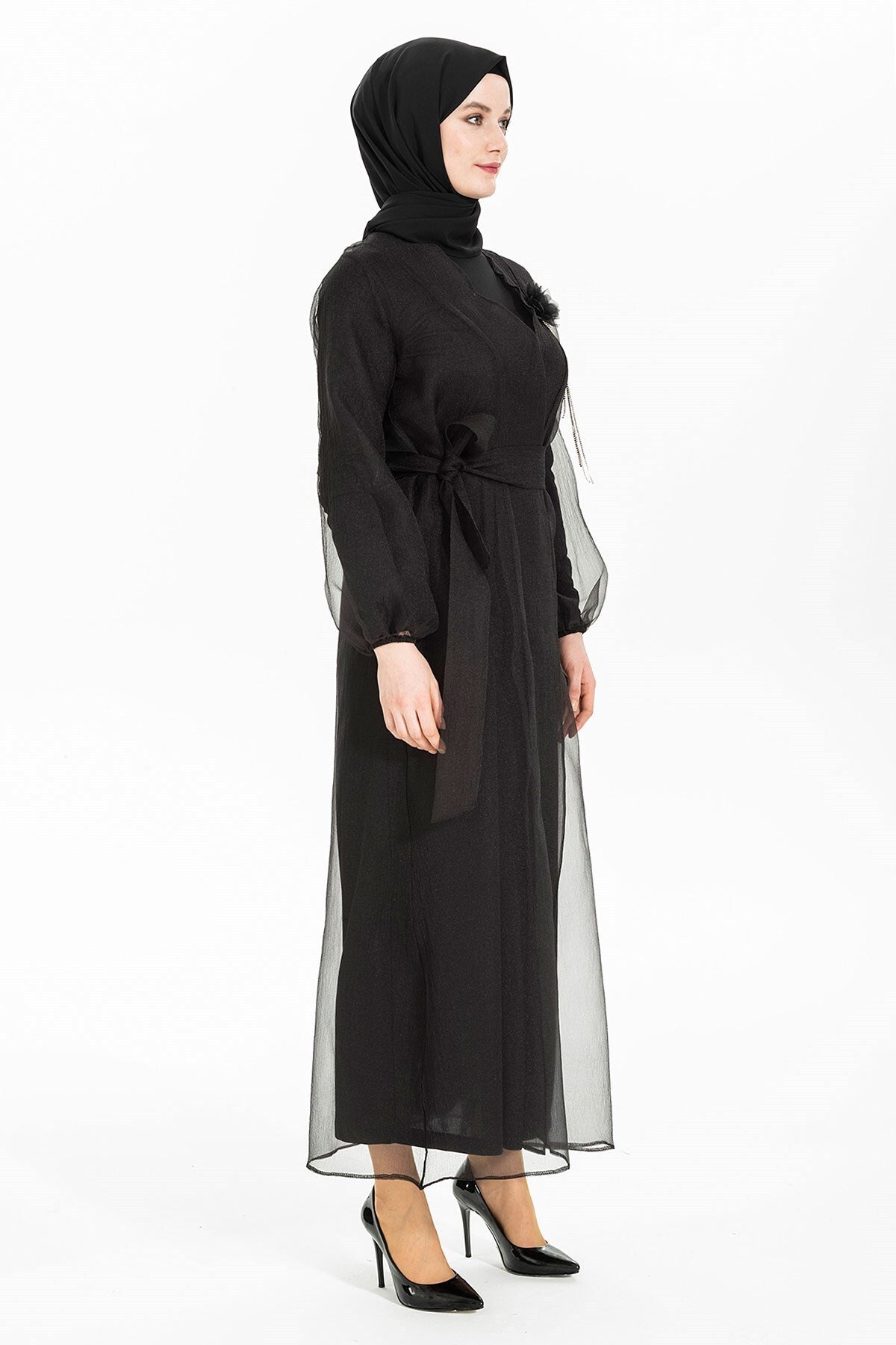 Asian Organza Belted Burkini Black Abaya Suit 3433 T22ab3m3433