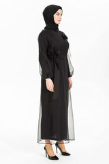 Asian Organza Belted Burkini Black Abaya Suit 3433 T22ab3m3433