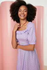 Lilac A Cut Ruffle Polka Dot Midi Woven Dress Twoss21el0511