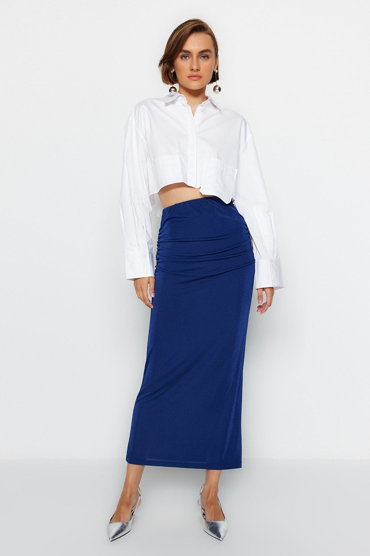 Navy Blue Premium Shiny Finish And Soft Textured Draped Maxi Knit Skirt Twoaw24et00090