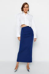 Navy Blue Premium Shiny Finish And Soft Textured Draped Maxi Knit Skirt Twoaw24et00090