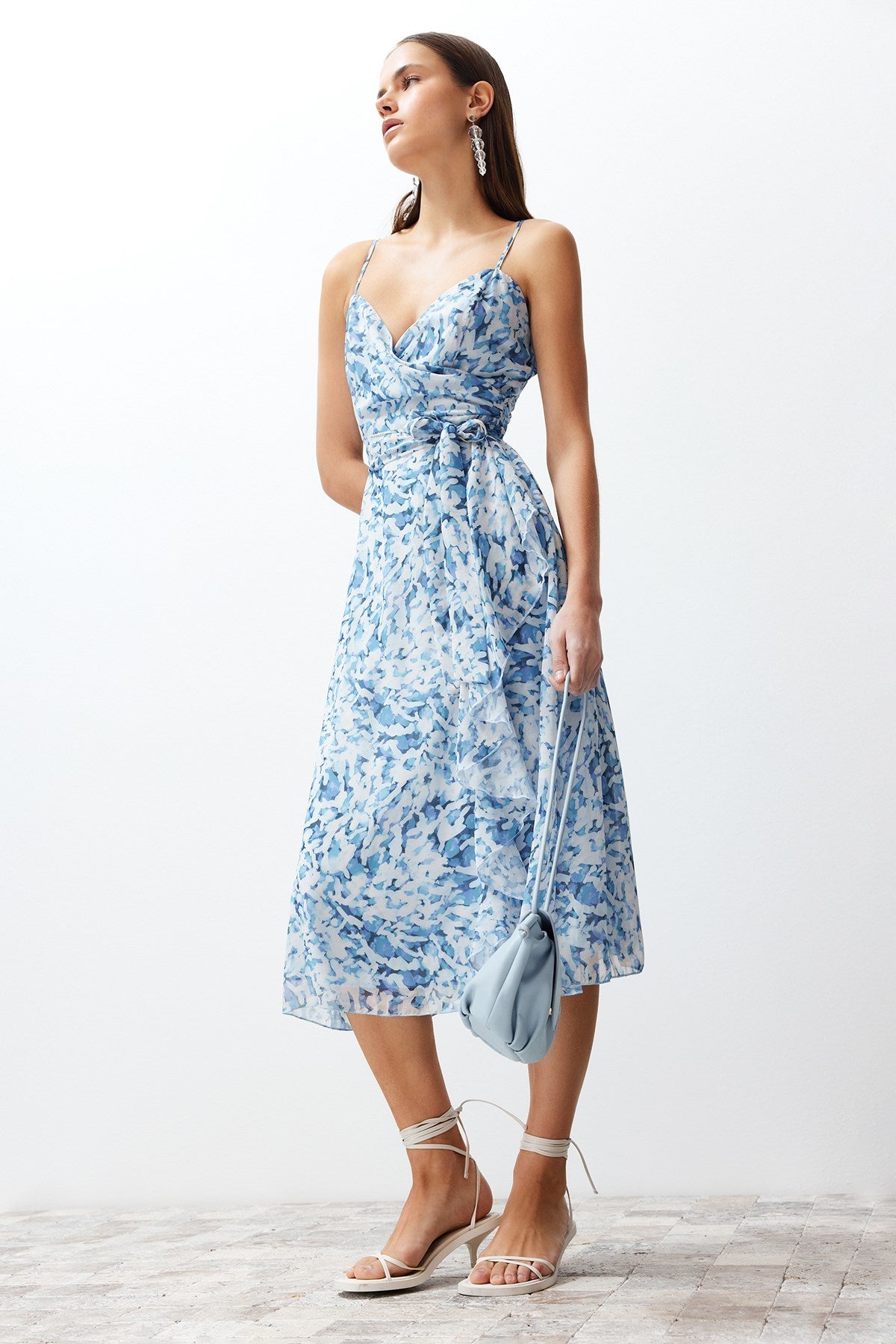 Blue Animal Pattern Skirt Ruffle Chiffon Lined Midi Woven Dress Twoss24el00536