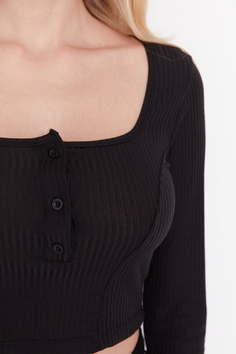 Anthracite Button Detailed Square Neckline Fitted/body-fitting Ribbed Flexible Crop Knit Blouse Twoa