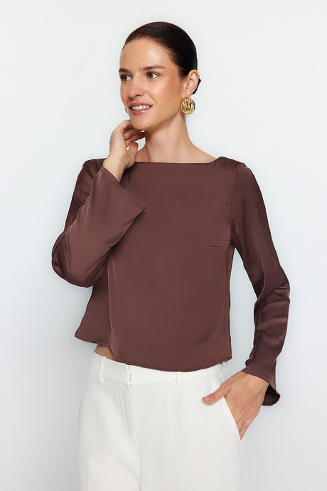 Brown Satin Woven Back Detailed Blouse Twoaw24bz00286