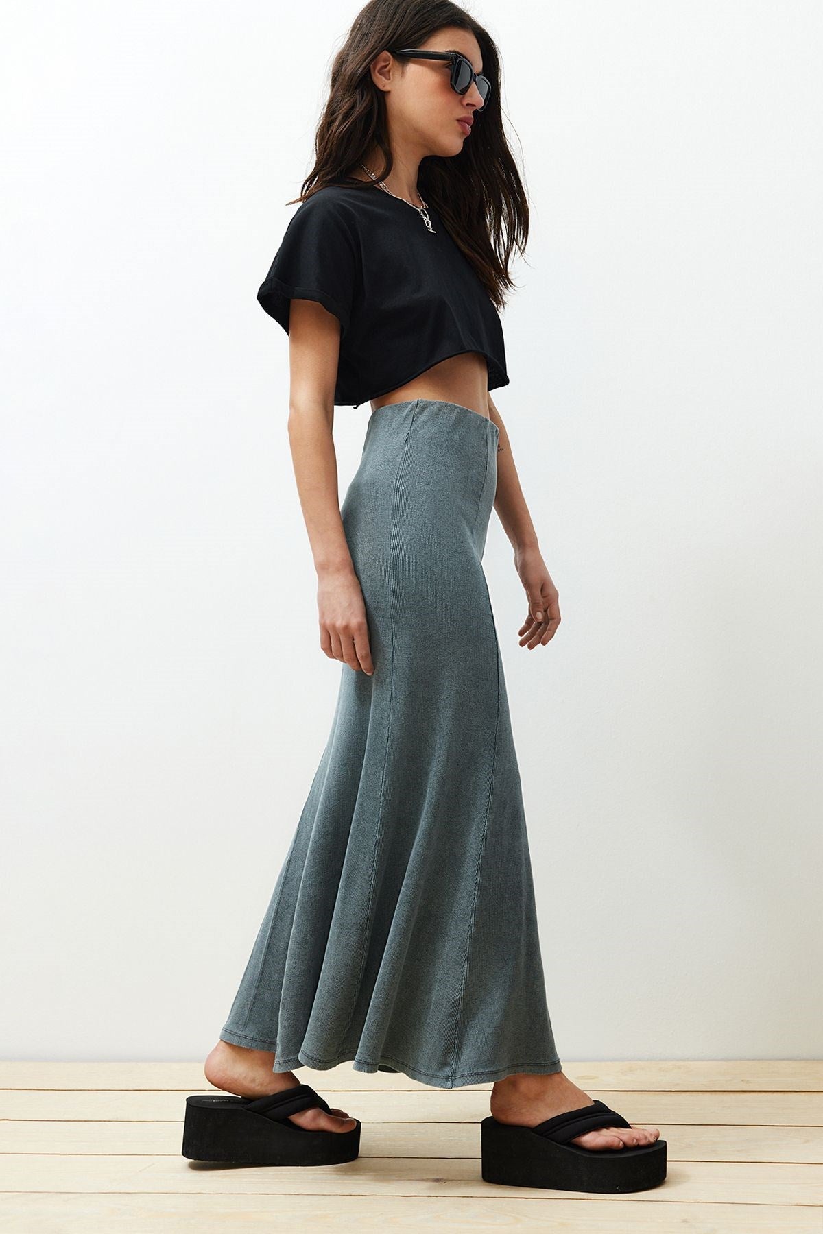 Anthracite Pale Effect Stitching Detailed Maxi Flexible Skirt Twoss24et00089