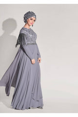 Women Grey Sleeves Sim Fringe Detailed Evening Dress 9608 18yabltr9608