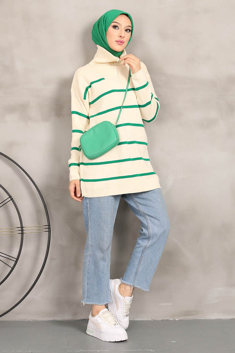 Green Collar Zipper Striped Knitwear Tunic Imj002233