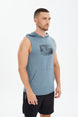 Men's Blue Cotton Plain Printed Pocket Hooded Sleeveless Casual Sports Zero Sleeve Athlete T-shirt T