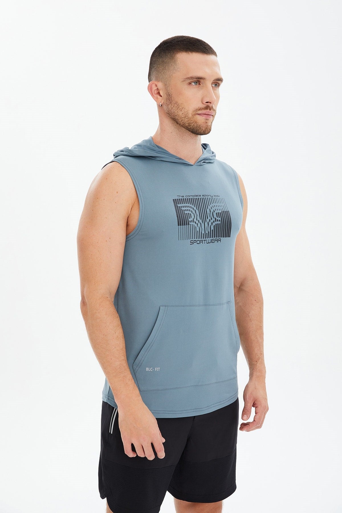 Men's Blue Cotton Plain Printed Pocket Hooded Sleeveless Casual Sports Zero Sleeve Athlete T-shirt T