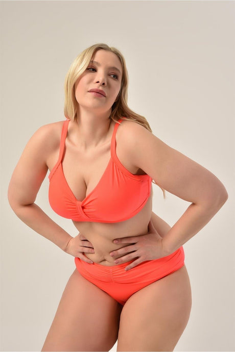 Women's Neon Orange Plus Size Booster Slip Ruffle Stylish Bikini Set 20231989