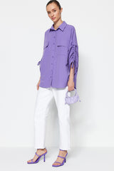 Stone Sleeves Adjustable Ruffle Detailed Woven Cotton Shirt Tctss23tg00011