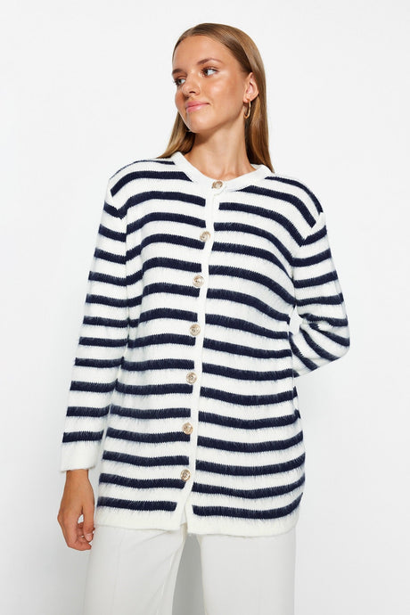 Ecru Navy Striped Gold Button Detailed Soft Textured Knitwear Cardigan Tctaw24th00046