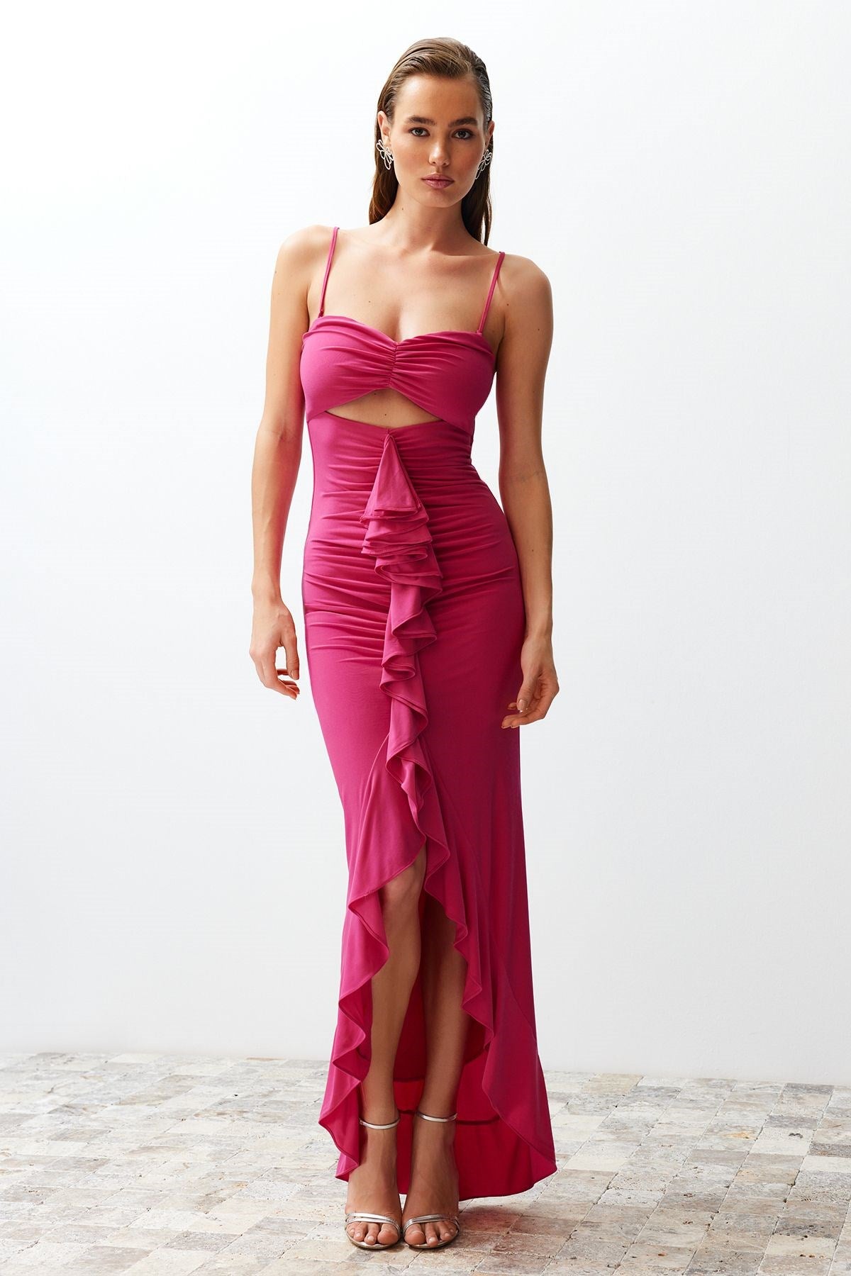 Fuchsia Body Fit Ruffle Long Night Evening Dress Tprss24ae00027