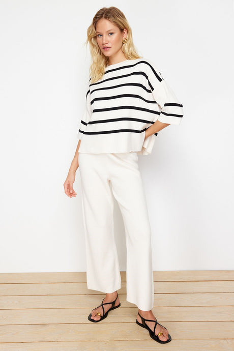 Ecru Striped T-shirt Look Knitwear Bottom-top Suit Twoss24au00048