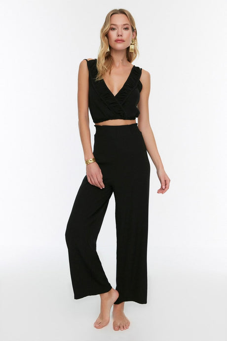 Black Woven Ruffle Blouse Pants Suit Tbess22au0043