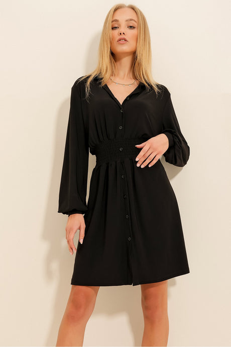 Women's Black Waist Buttoned Polo Neck Sandy Dress Alc-x11273