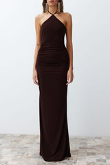 Brown Body Sitting Long Night Evening Dress Tprss24ae00086