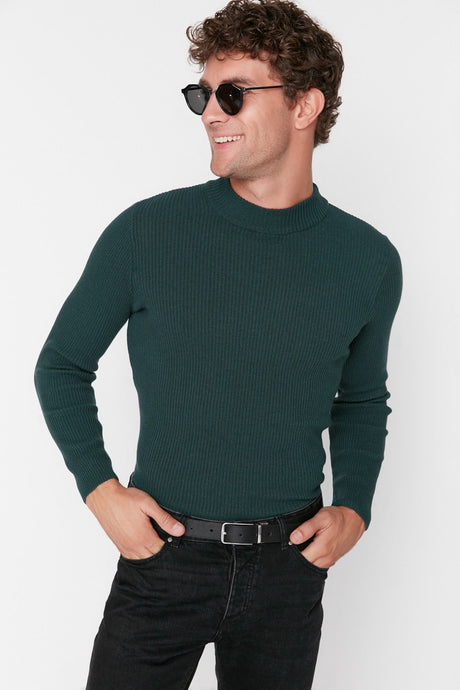 Brown Men's Fitted Slim Fit Half Turtleneck Ribbed Knitwear Sweater Tmnaw21kz0568