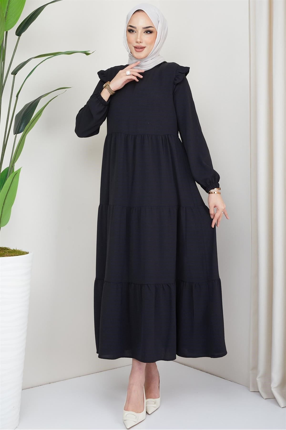 Shoulder Ruffle Ayrobin Hijab Dress Black 2062