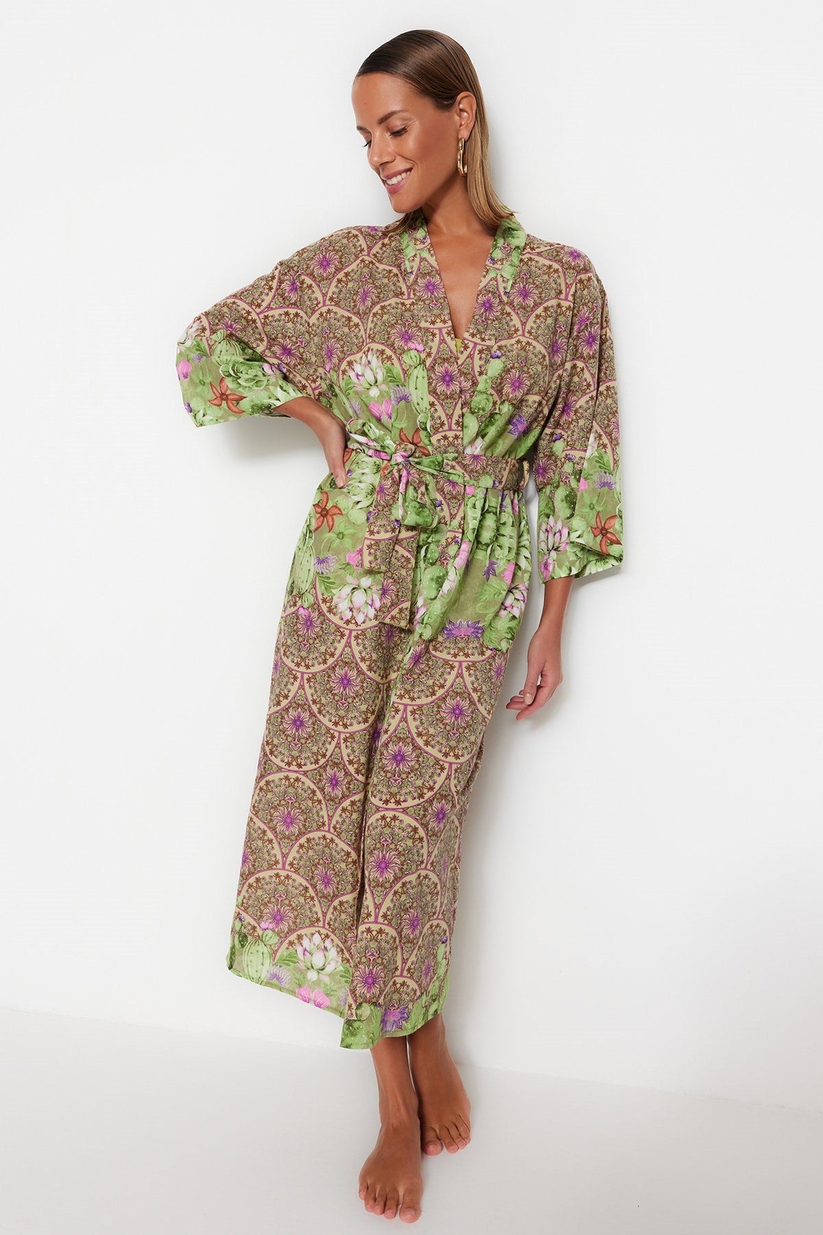 Floral Pattern Belted Maxi Woven 100% Cotton Kimono&kaftan Tbess23km00009