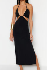 Black Body Fit Maxi Knitted Cut Out/window Beach Dress Tbess23el00122