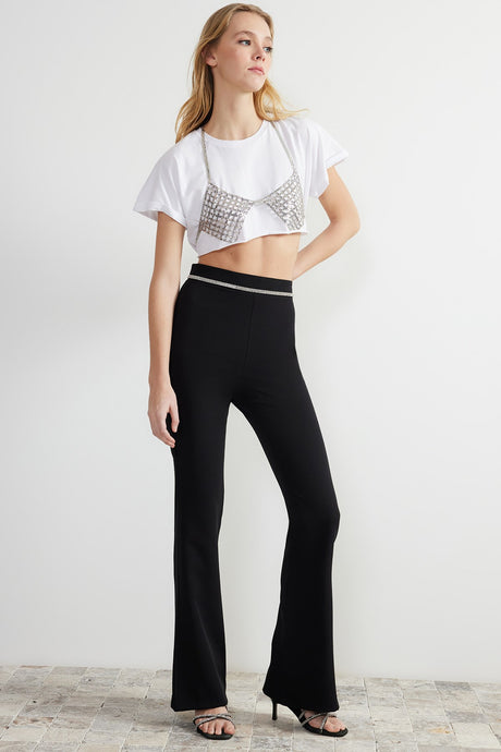 Black Woven Shiny Stone Pants Tprss24pl00002